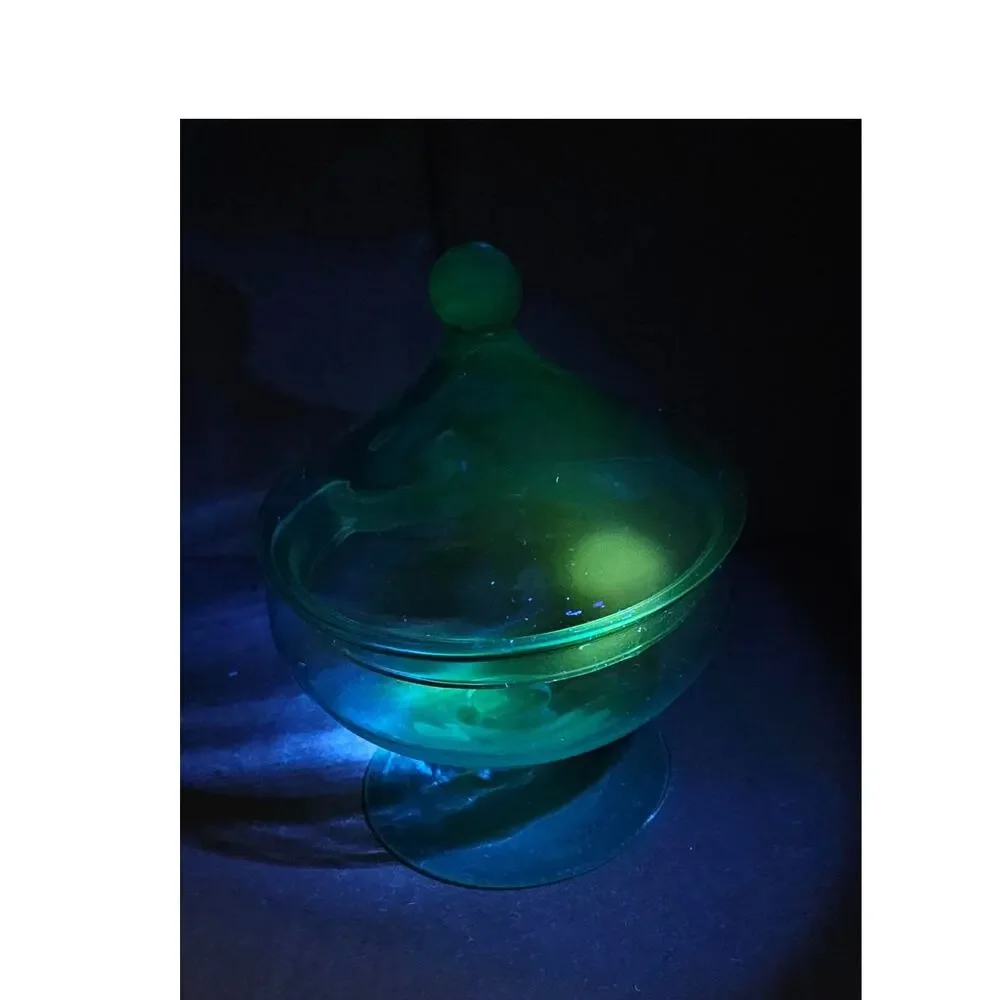 Vintage Empoli Italian Uranium Glass Covered Candy Dish Glows UV